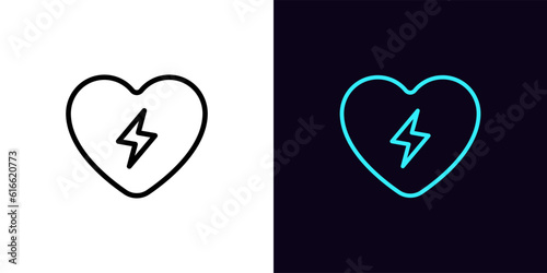 Outline electric heart icon, with editable stroke. Heart with lightning charge sign, flash love. Charge heart, energy love, thunder bolt passion, love charge, energy supply, health care