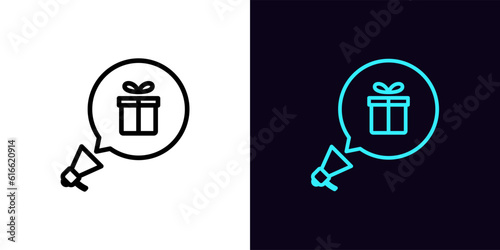 Outline promotion megaphone icon, with editable stroke. Loudspeaker with bubble message and gift box sign, give away announce. Birthday surprise, gift giveaway, bonus offer and present