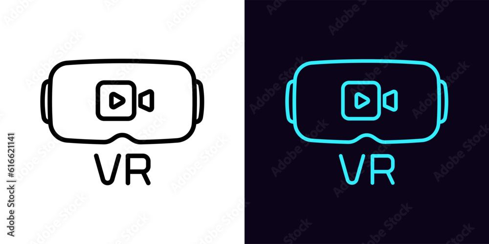 Outline VR video icon, with editable stroke. VR glasses with video camera sign, gaming virtual reality. VR headset for movie and series, interactive glasses and helmet with media player
