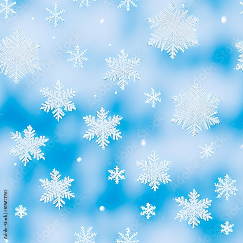 Seamless pattern of snowflakes on blue background. Winter snow texture. Generative AI.