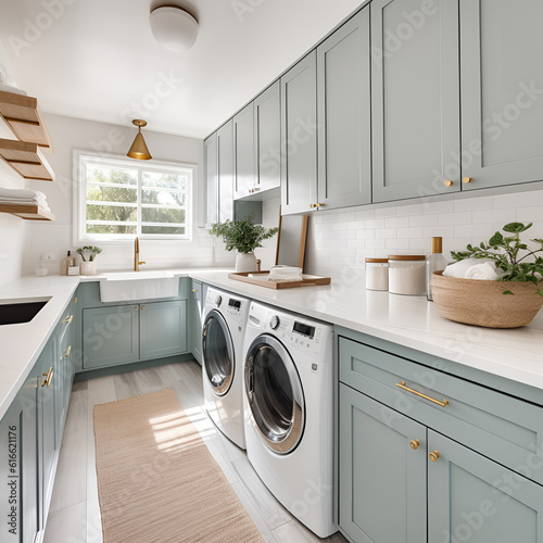 Picture of a laundry room. highlight the cabinets. It is texas. Kitchen, counter, cabinet, apartment,generative ai