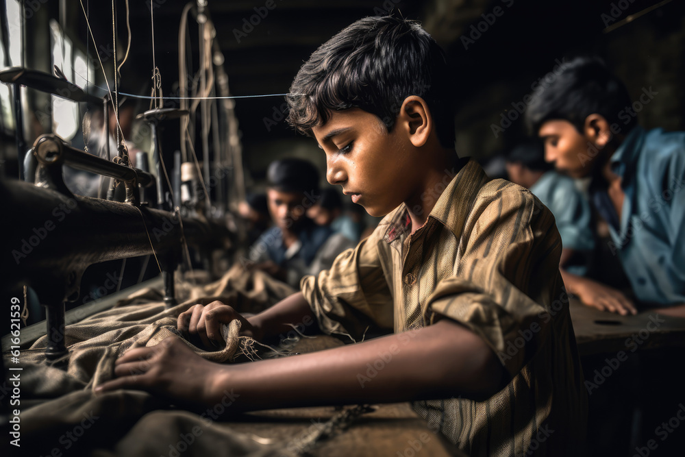 Asian child labour in fashion textile industry - young teenage working boy sewing clothes in a factory with copy space Asian child labour in fashion textile industry - young teenage working boy sewing clothes in a factory with copy space