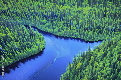 birds eye view of a canadian forest and river (AI-generated fictional illustration) 