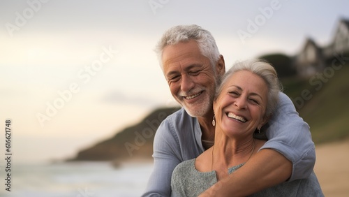 On a sunny beach, an older woman and man, dressed in casual outdoor clothing, embrace each other with a happy and loving smile, showcasing the beauty of life photo