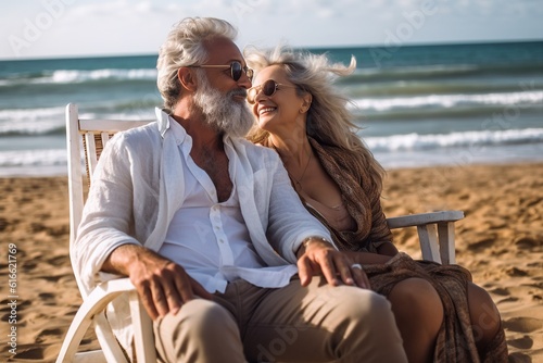 On a summer vacation, an older man and woman sit on a chair on the beach, surrounded by the tranquil beauty of the sky, water, and ground