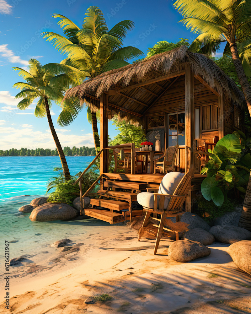 a beach shack on a beautiful tropical island, Generative ai,