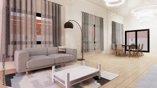 inside the living room With a dining room. 3D illustration.
