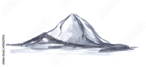 Loose watercolor moutains in blue grey colors.Scape with hills and mountains isolated on white background.Aquarelle element,environment concept.