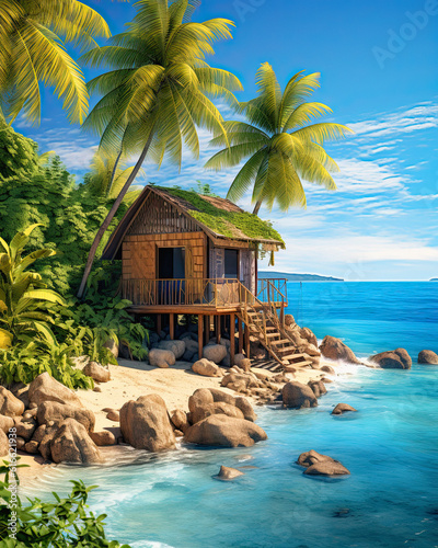 Tablou canvas a beach shack on a beautiful tropical island, Generative ai,
