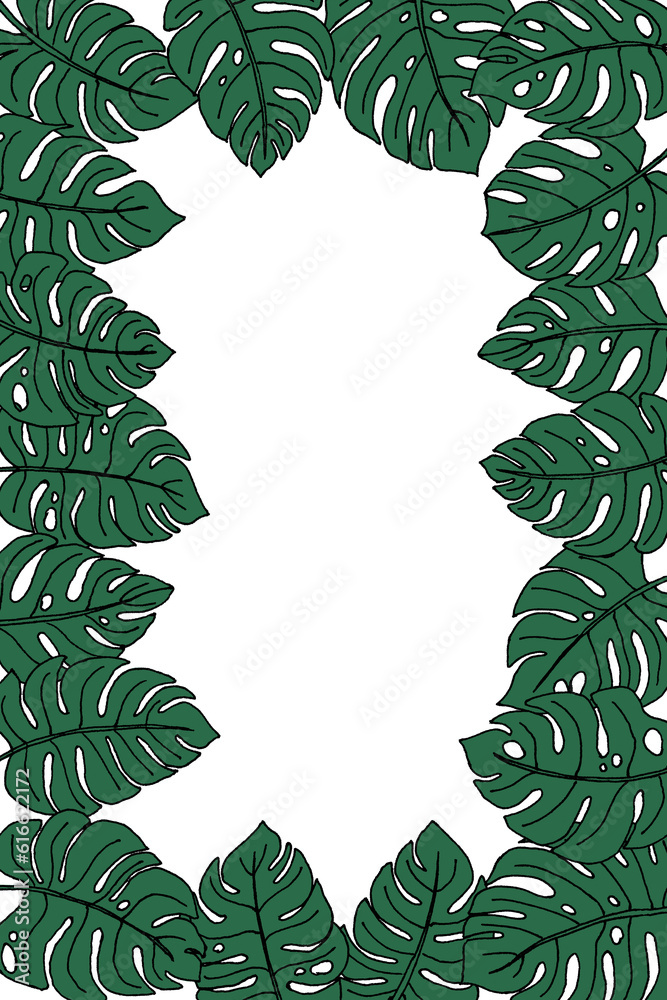 Fototapeta premium Hand drawn line art doddle green monstera leaves mock up frame with copy space.Tropical forest,isolated.Vertical format.