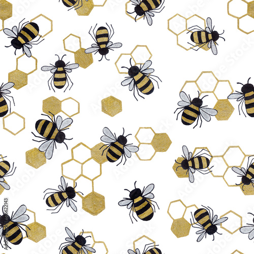 Cute hand drawn line art seamless pattern honey bees with golden hexagons of honeycombs in behives on white background.Print cards,fabric,wrapping paper