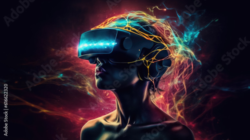 Illustration of woman with glasses of virtual reality. Future technology concept. Generative AI © zamuruev
