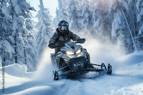man in helmet rides a snowmobile through the forest, ai generative © ZoomTeam