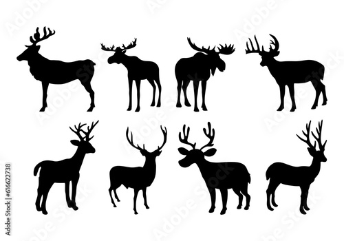 Minimalist Deer Silhouettes: Vector Illustration Set on White Background" "Set of Deer Silhouettes: Vector Illustrations with White Background"