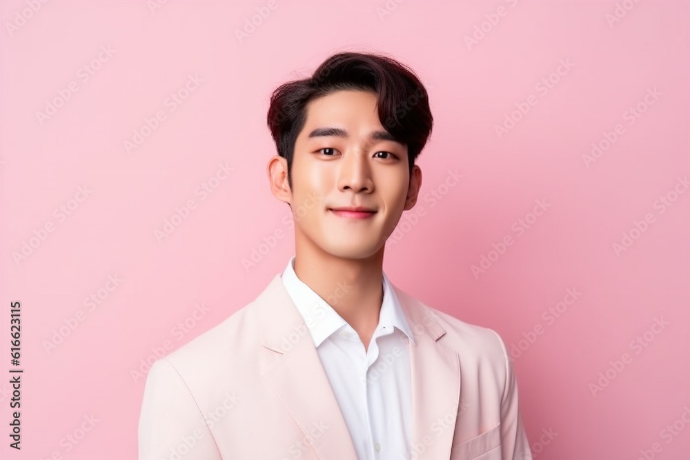 Handsome young asian man with clean fresh skin on pink background.Generative Ai