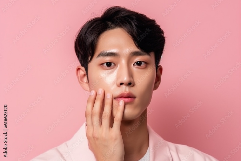 Handsome young asian man with clean fresh skin on pink background.Generative Ai Handsome young asian man with clean fresh skin on pink background.Generative Ai