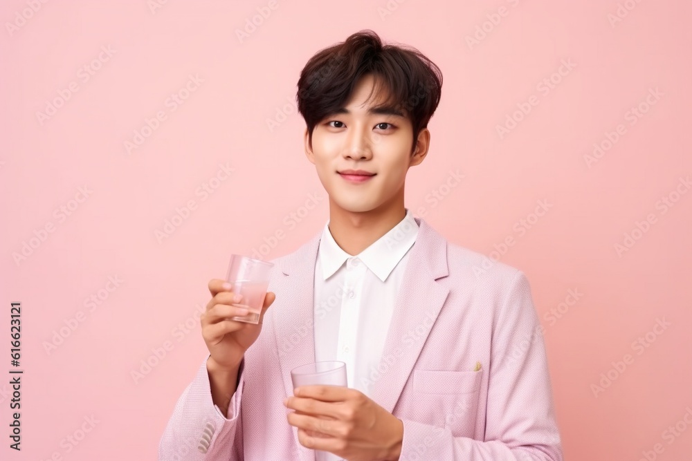 Handsome young asian man with clean fresh skin on pink background.Generative Ai Handsome young asian man with clean fresh skin on pink background.Generative Ai