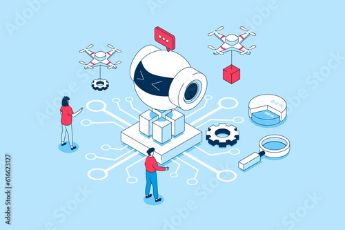 Artificial intelligence concept in 3d isometric design. People creating, working and programming ai robots, machine learning and automation. Illustration with isometry scene for web graphic