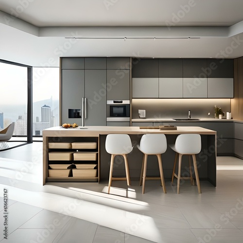 Kitchen with smart appliances with display screen and a smart oven with voice-controlled settings, concept of Smart Home and Artificial Intelligence