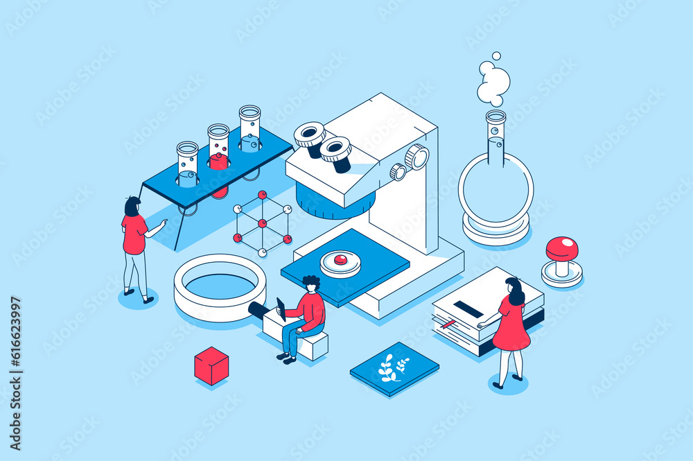 Science laboratory concept in 3d isometric design. People researching blood or virus on microscope in lab, doing chemicals tests in flasks. Illustration with isometry scene for web graphic