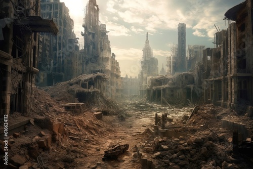A post-apocalyptic ruined city apocalyptic background. Created with Generative Ai technology.