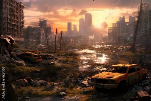A post-apocalyptic ruined city,apocalyptic background. Created with Generative Ai technology. © Viktor