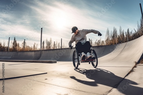 Man In Wheelchair enjoying in skate park doing a trick with hard light and shadows.