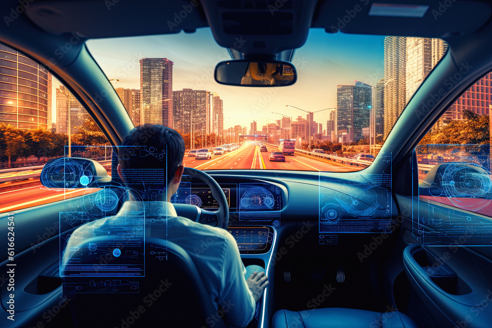 Self-driving autonomous car with relaxed young man sitting at driver seat is driving on busy highway road in the city. ai generative