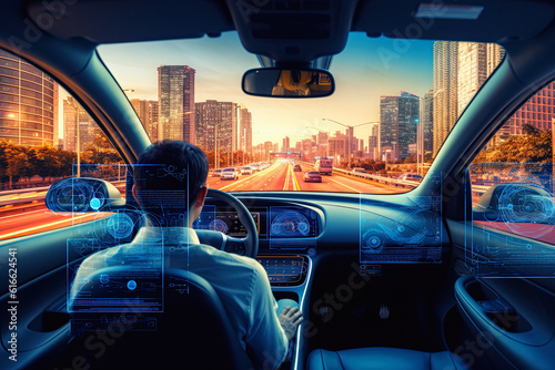 Self-driving autonomous car with relaxed young man sitting at driver seat is driving on busy highway road in the city. ai generative © ZoomTeam