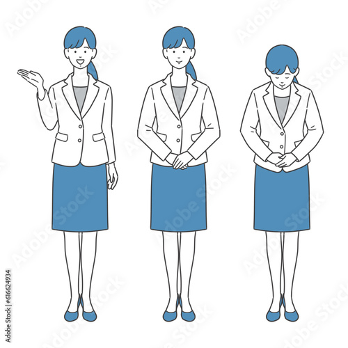 立ち姿で案内・紹介・説明する働く女性の全身イラストセット