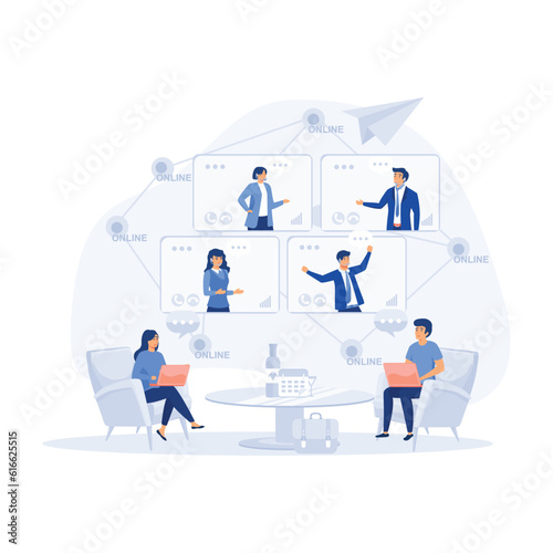 Online business conference, creative illustrations, businessmen, online joint meeting, team thinking and brainstorming, flat vector modern illustration