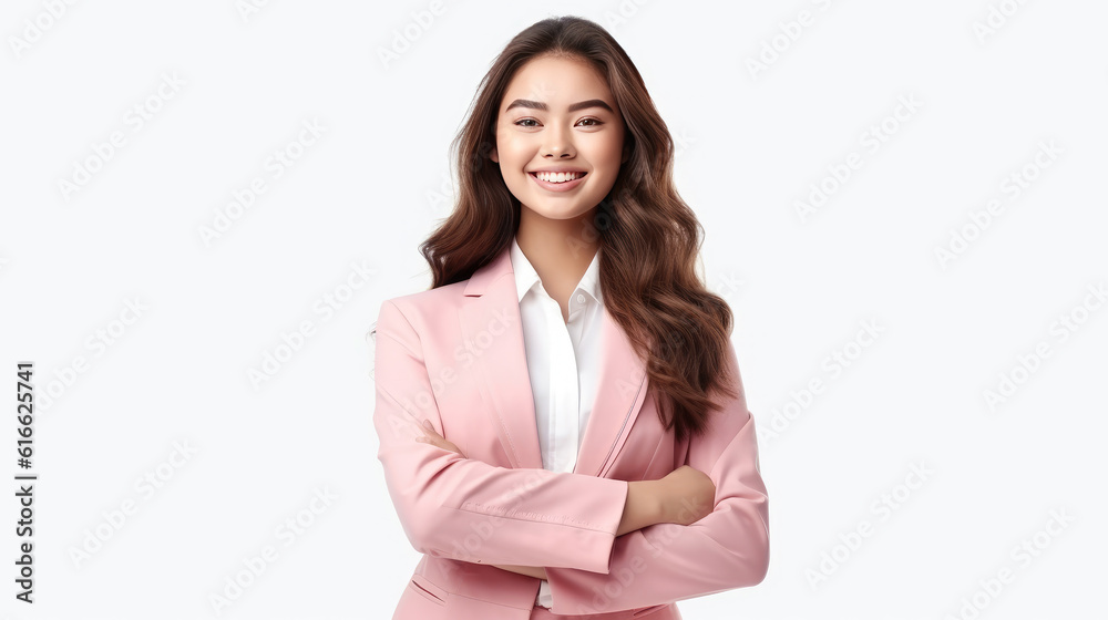 Confidence cheerful beautiful young girl wear pink suit arms crossed standing on isolated white background, Generative AI Confidence cheerful beautiful young girl wear pink suit arms crossed standing on isolated white background, Generative AI