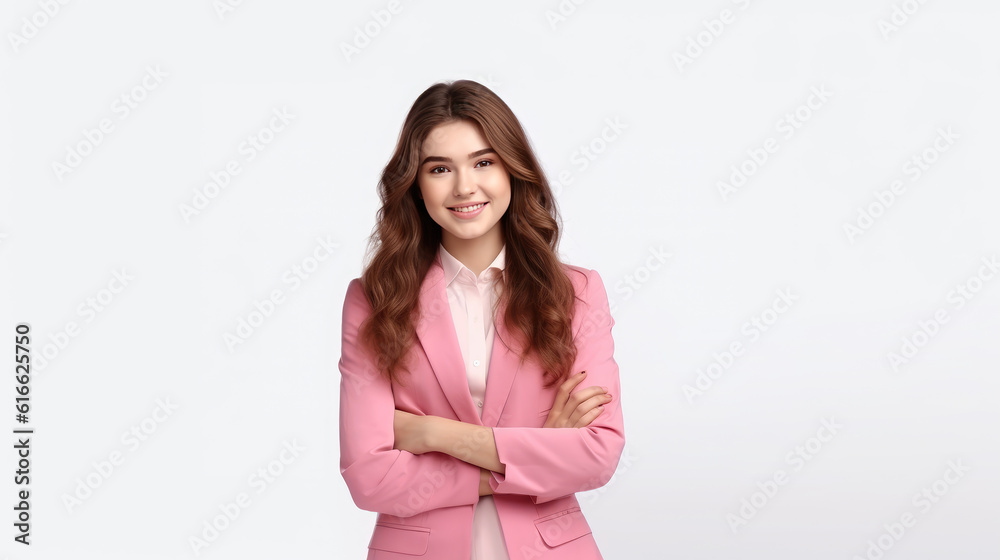 Confidence cheerful beautiful young girl wear pink suit arms crossed standing on isolated white background, Generative AI Confidence cheerful beautiful young girl wear pink suit arms crossed standing on isolated white background, Generative AI