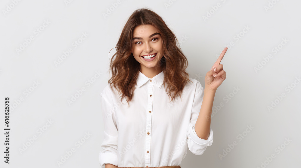 Confidence cheerful young girl wear shirt pointing up for present product standing on isolated white background, Generative AI Confidence cheerful young girl wear shirt pointing up for present product standing on isolated white background, Generative AI