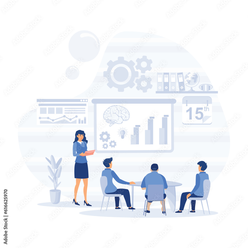 Prospective Experienced Office Supervisor, Responsible for Support of Trainees, Giving Presentation Within Business Seminar, flat vector modern illustration