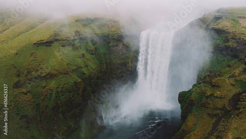 Waterfall In Iceland. Amazing View Of The Skogafoss Waterfall