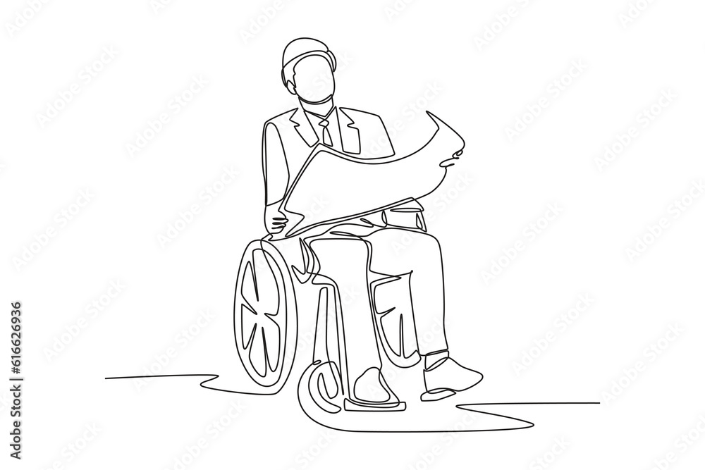 Single one line drawing Disabled person concept working in workplace. Continuous line draw design graphic vector illustration. Single one line drawing Disabled person concept working in workplace. Continuous line draw design graphic vector illustration.