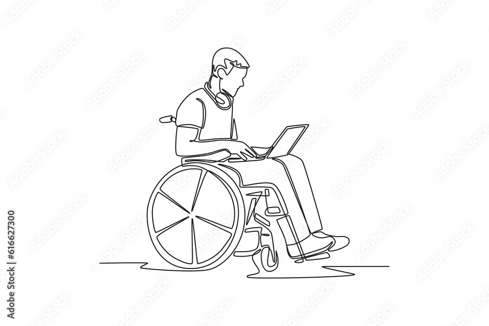 Single one line drawing Disabled person concept working in workplace. Continuous line draw design graphic vector illustration. Single one line drawing Disabled person concept working in workplace. Continuous line draw design graphic vector illustration.