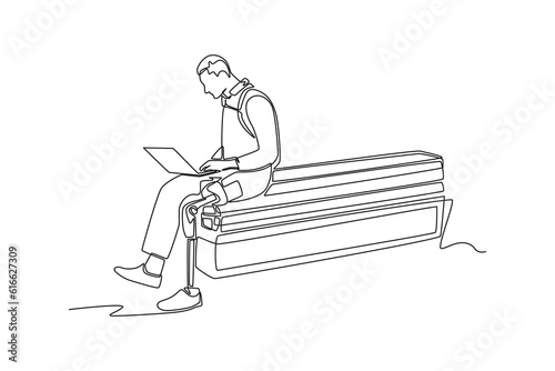 Single one line drawing Disabled person concept working in workplace. Continuous line draw design graphic vector illustration.