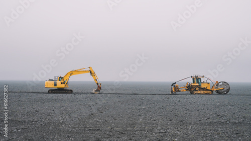 Tractor close up view in the mist