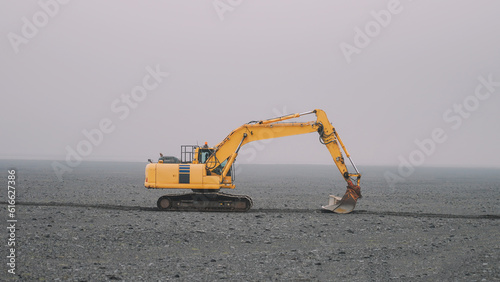 Tractor close up view in the mist