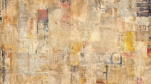 Newspaper paper grunge aged newsprint pattern background. Vintage old newspapers template texture, generative ai