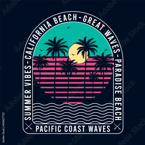 California Beach, Great Waves, Paradise Beach, Summer Vibes, Summer Pacific Coast Waves with a waves illustration, for t-shirt prints, posters. Summer Beach Vector illustration.