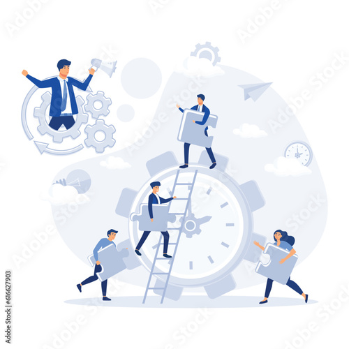 The concept of joint teamwork, building a business team. Vector illustration of working characters, people connecting pieces of puzzles, flat vector modern illustration