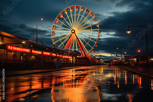 Ferris wheel brilliantly lit against the night sky, ai generative