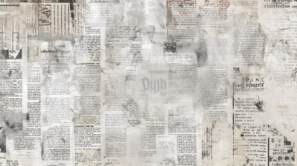 Newspaper paper grunge aged newsprint pattern background. Vintage old newspapers template texture, generative ai