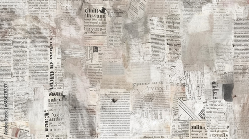 Newspaper paper grunge aged newsprint pattern background. Vintage old newspapers template texture, generative ai