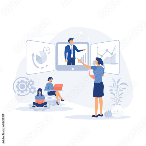 Business seminar speaker presentation and professional training about marketing, sales and e-commerce, flat vector modern illustration