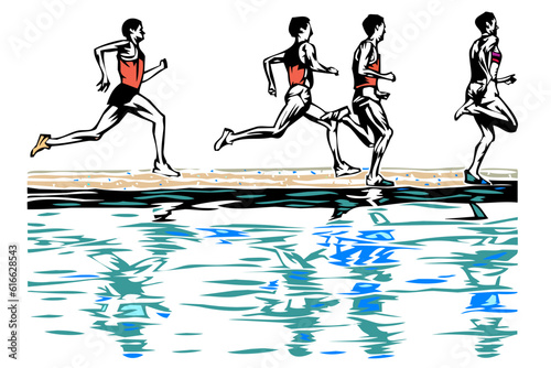 men runners reflected in water vector illustration