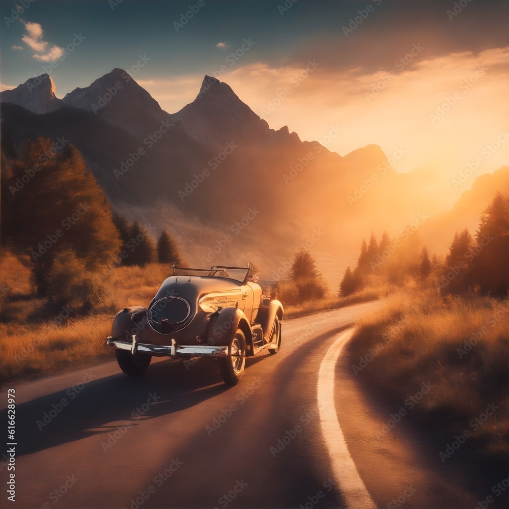 Fototapeta premium Beautiful sunset scene with vintage car driving on empty scenic road trough nature and mountains 